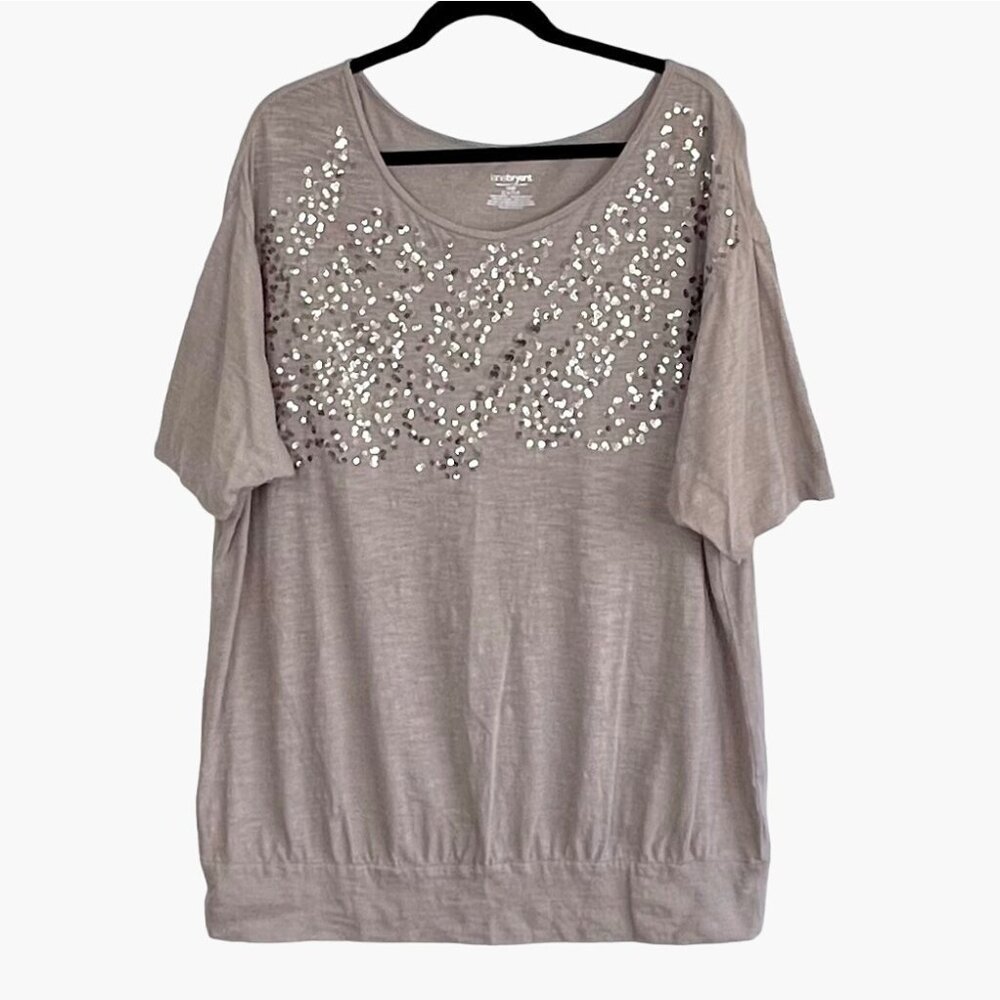 Lane Bryant Womens Beige Sequined Top Blouse Size 18/20 100% Cotton Loose Fit